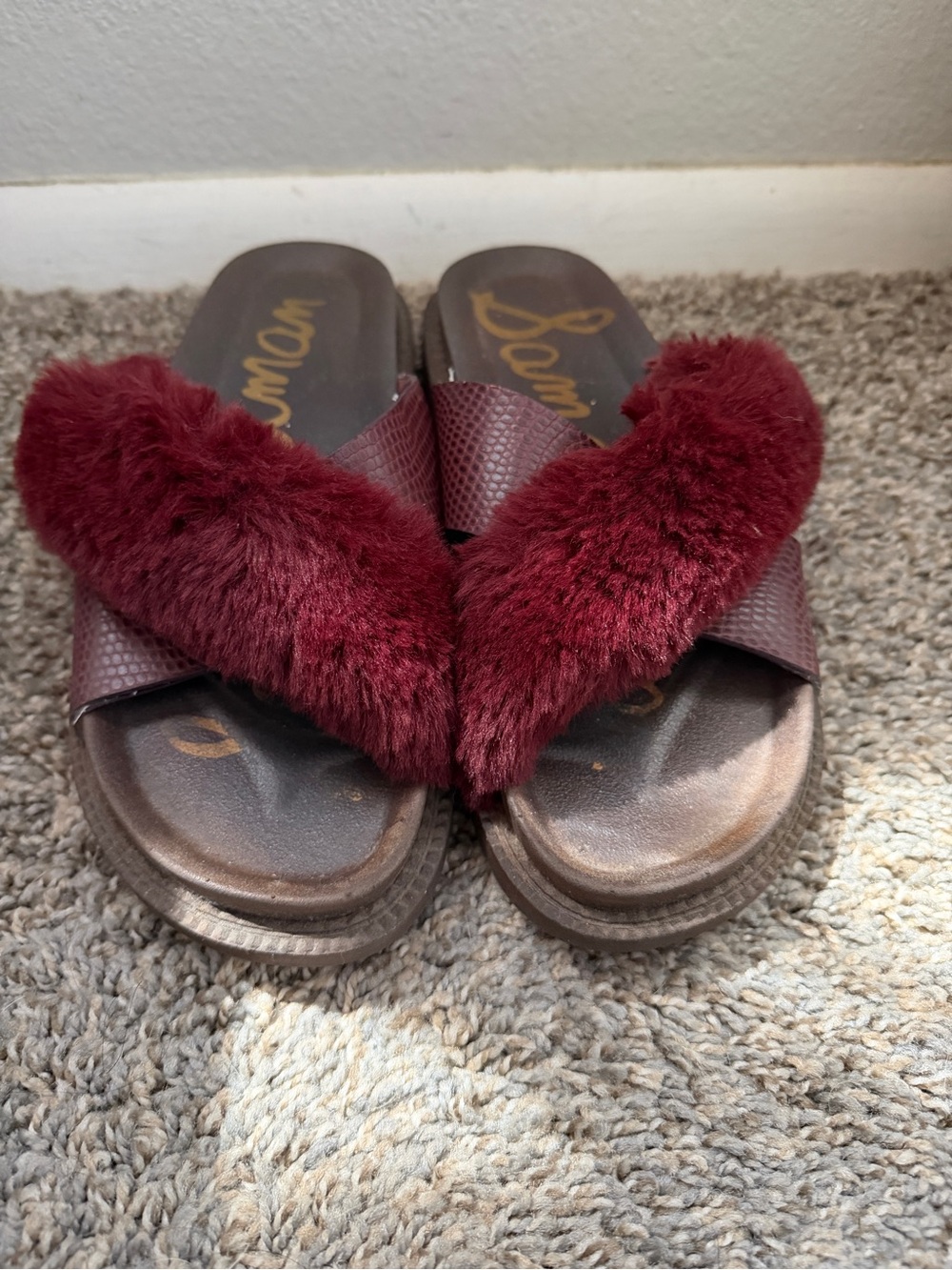Sam Edelman Sandals Slippers Furry Bianca Brown Burgundy Women’s 7